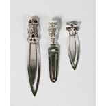 TWO NOVELTY SILVER OWL BOOK MARKERS.