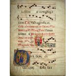 ILLUMINATIONS, a 17th c. vellum antiphonal sheet with historiated, illuminated initial, 19 x 14