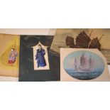 CHINA: Group of four watercolours / gouache, including one large view of junk signed by A.B. Ibrahim