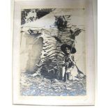 [BIG GAME] framed photograph of armed woman hunter in the field, tiger-skin in background, f &g, ca.