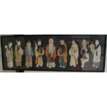 CHINA: 10 Chinese figures or types, made of silk, paper and hair. 13 x 39 inches, framed & glazed.