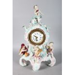 A GOOD DRESDEN PORCELAIN MANTLE CLOCK, with eight-day movement, No. 43034, blue and white Roman