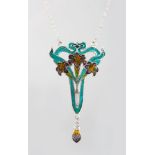 AN ART NOUVEAU SILVER AND ENAMEL PENDANT AND CHAIN.