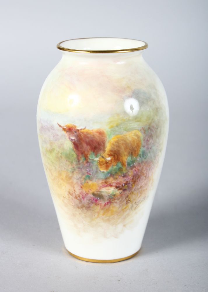 A ROYAL WORCESTER VASE, shape G461 painted with Highland Cattle by HARRY STINTON, signed date code