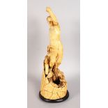 A SUPERB CARVED IVORY CONTINENTAL FIGURE OF A HUNTER, after the bronze original, signed F.O. 1630, a