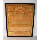 A LARGE VICTORIAN SAMPLER, with religious verse and pictorial decoration, dated 1897, framed and