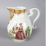 AN EARLY 18TH CENTURY MEISSEN HAUSMALEREI CREAM JUG finely enamelled on each side with lovers in a