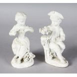 AN PAIR OF 18TH CENTURY MEISSEN BISCUIT FIGURES OF A BOY AND GIRL, he dressed in a hat and coat,