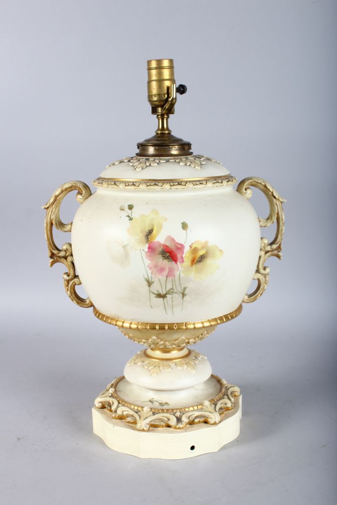 A LARGE WORCESTER PORCELAIN TWO HANDLED LAMP, painted with flowers. - Image 2 of 2