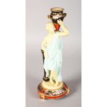 A WORCESTER CANDLESTICK, a maiden carrying an urn. 9.5ins high.