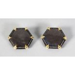 A GOOD PAIR OF 18CT GOLD LACE CUT SAPPHIRE AND DIAMOND HEXAGONAL EAR CLIPS.