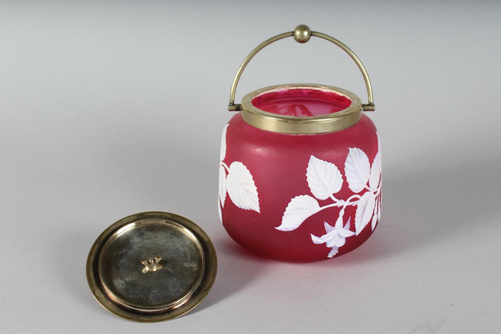 A SUPERB "WEBBS" STYLE RUBY CAMEO BISCUIT BARREL, CIRCA. 1880, with plated lid and handle. - Image 2 of 3