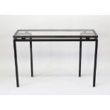 A FRENCH VINTAGE SIDE TABLE by PIERRE VANDEL, CIRCA. 1970'S, in black lacquered metal with glass