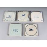 FIVE DUTCH BLUE AND WHITE TILE, Circa. 1775, with animals in a circle. 5ins square.