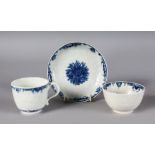 AN 18TH CENTURY WORCESTER TEA BOWL, COFFEE CUP AND SAUCER moulded and painted in under-glaze blue