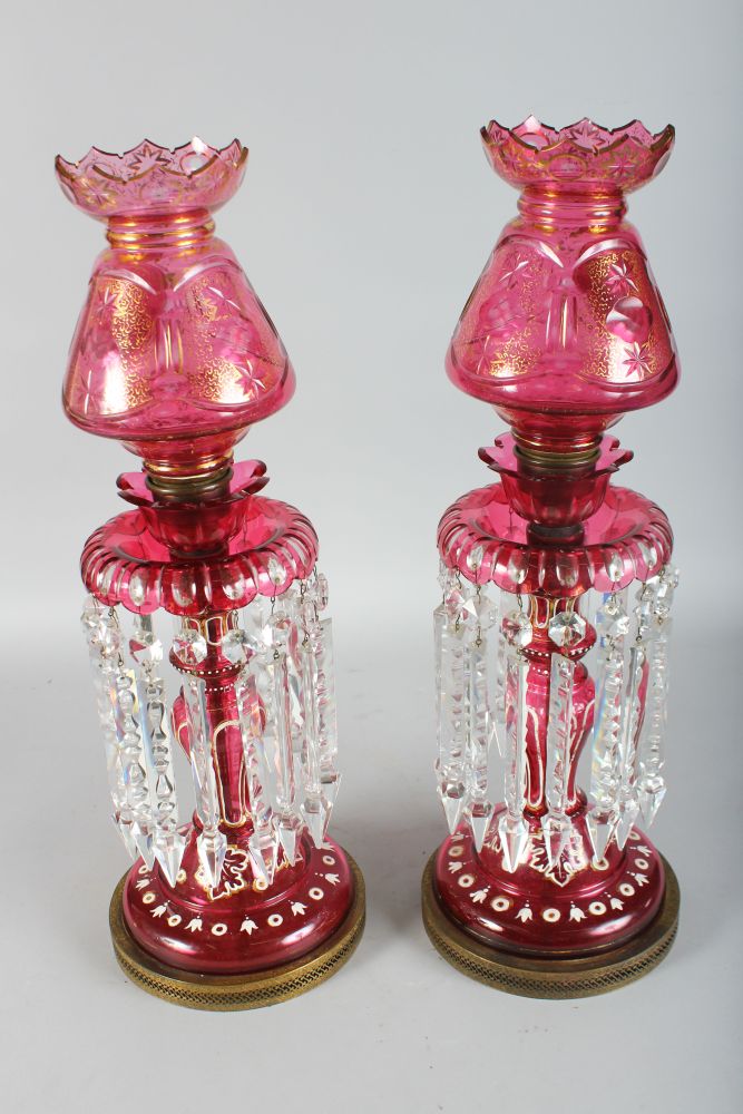 A SUPERB LARGE PAIR OF VICTORIAN BOHEMIAN RUBY GLASS LUSTRES, the domes gilded and painted with - Image 5 of 5