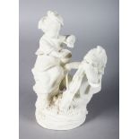 AN 18TH CENTURY MENNECY BISCUIT PORCELAIN FIGURE GROUP OF A TWO CHILD MUSICIANS, the girl seated