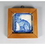 AN 18TH CENTURY BLUE AND WHITE SQUARE TILE, portrait of a cat. 5ins square (AF).