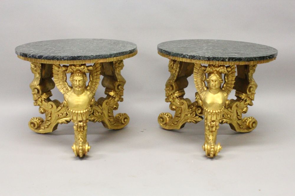 A GOOD PAIR OF 20TH CENTURY CARVED AND GILDED CIRCULAR LOW TABLES, with marble tops, the bases - Image 2 of 6