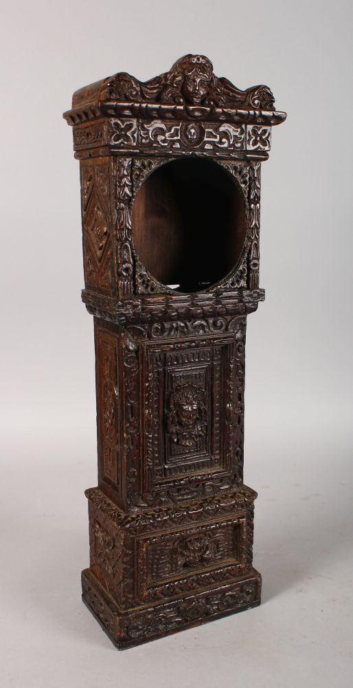 AN 18TH CENTURY CARVED WOOD MINIATURE LONGCASE CLOCK. 19ins high.