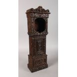 AN 18TH CENTURY CARVED WOOD MINIATURE LONGCASE CLOCK. 19ins high.