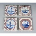 A SET OF FOUR DUTCH DELFT BLUE, WHITE AND SEPIA TILES, three with figures, one with a well, Circa.