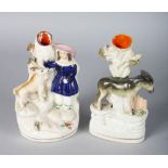 TWO STAFFORDSHIRE SPILL VASES, DONKEY BESIDE A TREE and YOUNG GIRL WITH DOG. 6ins high.