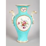 A GOOD CHELSEA DERBY TWO HANDLED TURQUOISE VASES, painted with panels of flowers. 8ins high.