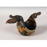 A NORWEGIAN PAINTED WOOD DRAGON BOWL. 9.5ins long.