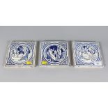 A SET OF THREE MINTON BLUE AND WHITE TILES, Scenes from Shakespeare. 6ins square. Provenance:
