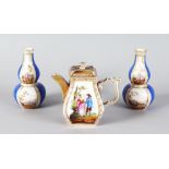 A DRESDEN SQUARE TEAPOT AND COVER and A SMALL PAIR OF AUGUSTUS REX VASES, 5ins high (3).