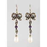 A PAIR OF 9CT GOLD, AMETHYST AND PEARL DROP EARRINGS.