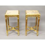A PAIR OF DECORATIVE MARBLE TOP GILTWOOD TABLES, with carved decoration. 2ft 4ins high x 1ft 4ins