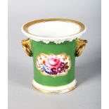 A 19TH CENTURY COALPORT PORCELAIN SPILL VASE with bird beak ring handles painted with flowers on a