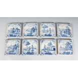 A SET OF EIGHT DUTCH BLUE AND WHITE TILES, CIRCA. 1760, landscape scenes with figures. 5ins square.