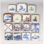A BOX OF FIFTEEN 18TH AND 19TH CENTURY DUTCH AND ENGLISH BLUE AND WHITE TILES.