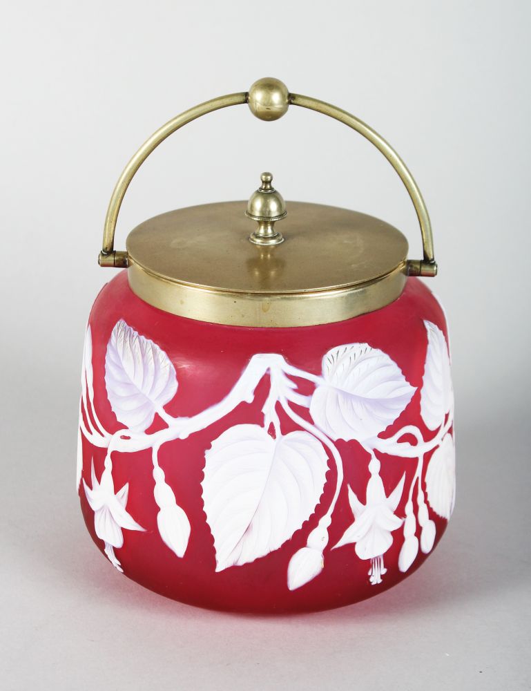 A SUPERB "WEBBS" STYLE RUBY CAMEO BISCUIT BARREL, CIRCA. 1880, with plated lid and handle.