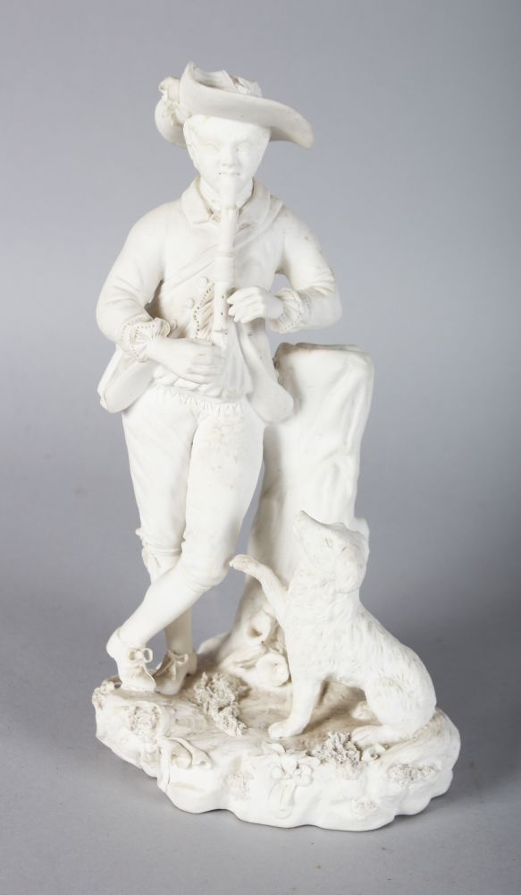 A 19TH CENTURY ROCKINGHAM FIGURE OF A BOY playing a pipe to his dog.