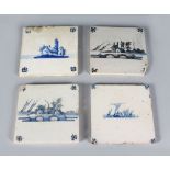 A SET OF FOUR DUTCH BLUE AND WHITE TILES, Circa. 1725, decorated with a building. 5ins square.