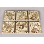 A SET OF SIX MINTON HOLLINS TILES, animals, figures, flowers etc., Circa. 1880. 6ins square.