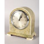 A 1920'S SHAGREEN DOMED MANTLE CLOCK on ivory feet. Serviced by W. J. Murray Ltd. 6ins high.
