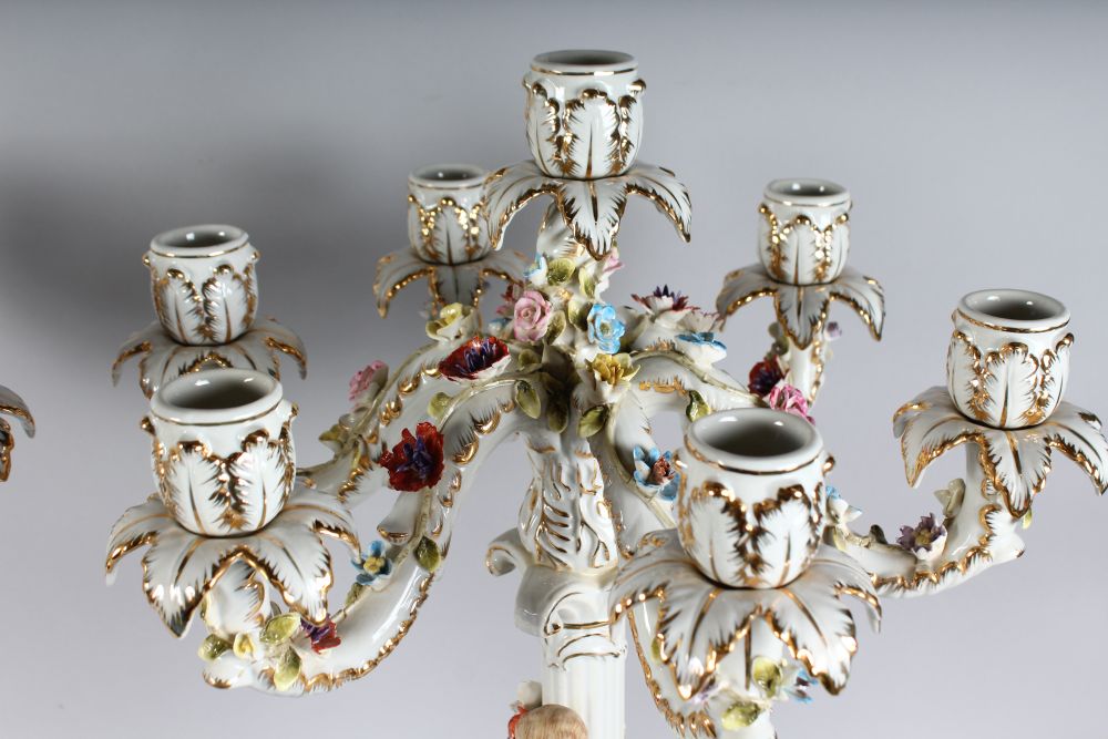 A LARGE PAIR OF MEISSEN DESIGN SEVEN LIGHT ENCRUSTED CANDELABRA, the stems with classical young - Image 5 of 6