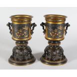 A GOOD PAIR OF EARLY 20TH CENTURY BARBEDIENNE & JAPANESE STYLE AESTHETIC MIXED METAL VASES, each