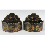 A PAIR OF PAINTED TOLEWARE HALF MOON WALL POCKET of Chinese design. 11ins wide.