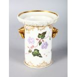 A 19TH CENTURY COALPORT FLORAL ENCRUSTED BIRD BEAK HANDLED VASE painted with strawberries and