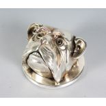 A SILVER PLATED BULLDOG DESK BELL.