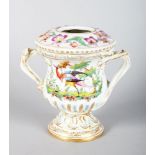 A SAMSON CHELSEA TWO HANDLED URN, painted with flowers and birds. 5.5ins high.