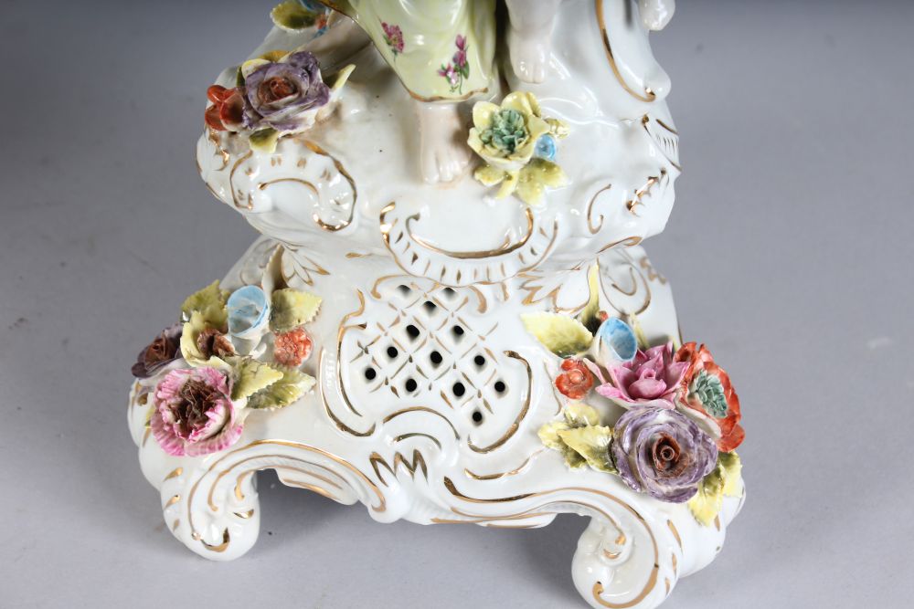 A LARGE PAIR OF MEISSEN DESIGN SEVEN LIGHT ENCRUSTED CANDELABRA, the stems with classical young - Image 6 of 6