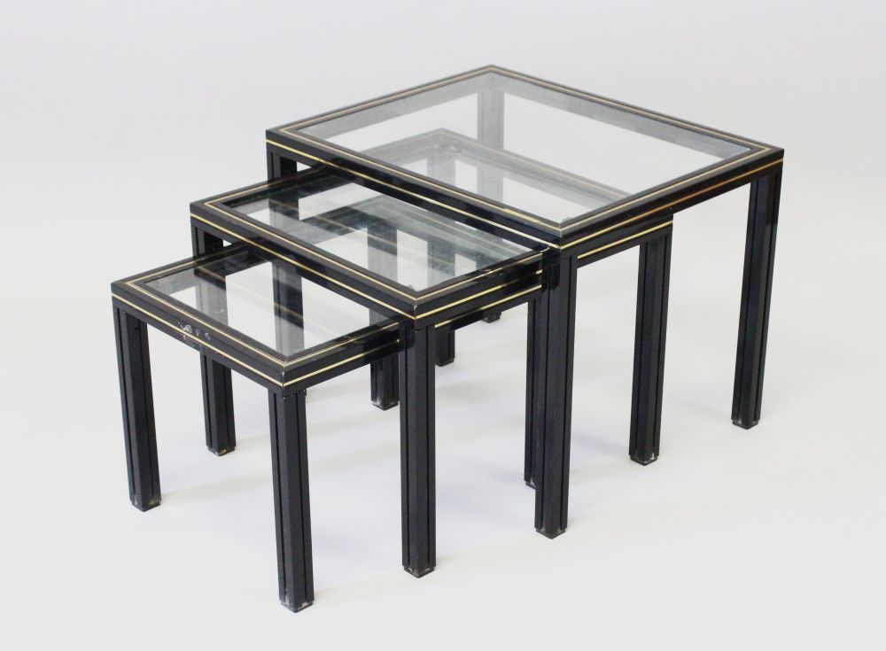 A NEST OF FRENCH VINTAGE TABLES by PIERRE VANDEL, CIRCA. 1970'S, in black lacquered metal with glass