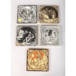 FIVE MINTON AND MINTON HOLLINS BLACK AND WHITE SHAKESPEARE AND OTHER TILES, Circa. 1875-1920. 6ins